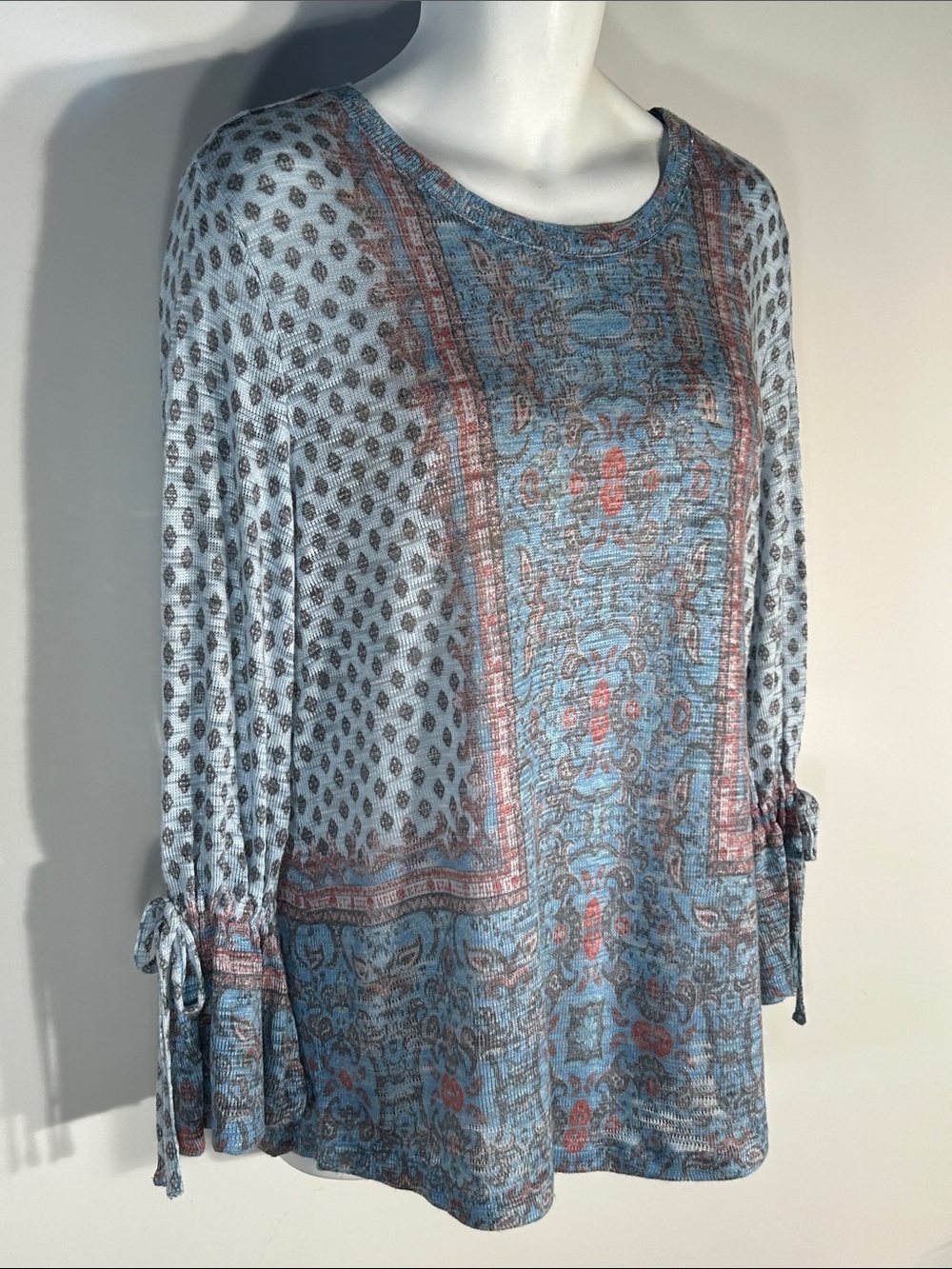 Studio JPR SZ XL Blue Print Long-Sleeve Tie Cuff Top Cottage Boho Country Comfy